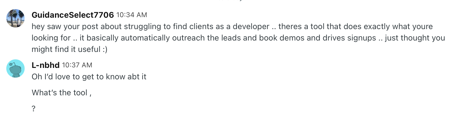 Reddit DM sequence showing a curiosity-based first message without a product link